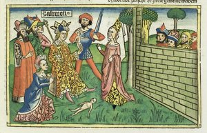 1 Koningen 3:16-28 Oordeel van Salomo, uit de Neurenbergse Bijbel (Biblia Sacra Germanaica)