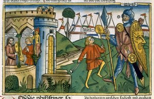 1 Samuel 17:1-58 David verslaat Goliath en ontmoet Saul, uit de Neurenbergse Bijbel (Biblia Sacra Germanaica)