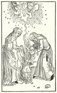 Illustratie uit een verhandeling van Ulrich Molitor over waarzeggende vrouwen en hekserij (gravure) door German School