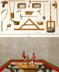 Illustratie van gereedschappen en arbeiders die een vloer leggen, uit 