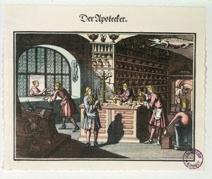 Interieur van een apotheek, ca. 1700 door German School