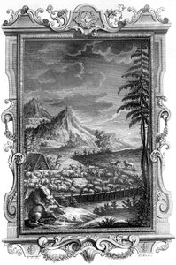 Jacob, de trouwe herder, beschermt zijn kudde schapen tegen de aanval van wolven, 1731 door German School