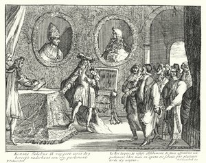 Jacob II van Engeland weigert het parlement te laten zitting nemen (gravure) door German School