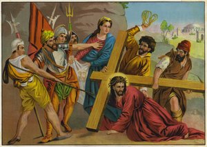 Jezus vallend onder het gewicht van zijn kruis op weg naar zijn kruisiging (kleurenlitho) door German School