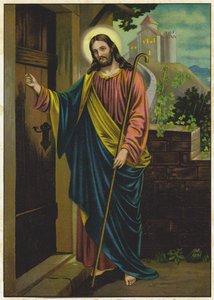 Jezus klopt op de deur van een huis (kleurenlitho)