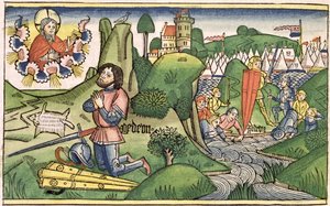Rechters 6:36 Gideon legt het vlies neer, uit de Neurenbergse Bijbel (Biblia Sacra Germanaica)