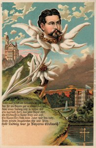 Koning Ludwig II van Beieren afgebeeld als edelweiss (chromolitho) door German School