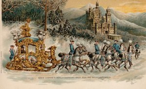 Koning Ludwig II van Beieren op weg naar kasteel Neuschwanstein in een gouden slee (chromolitho)