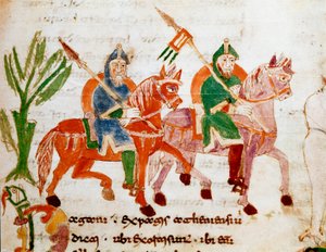 Ridders met paarden. Miniatuur uit het manuscript 