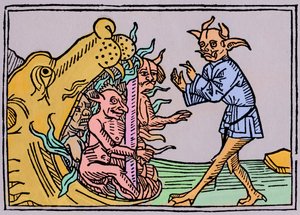 De mond van de hel - Jacobus de Teramo - De duivel Belial voor de poorten van de hel, uit Das Buch Belial, gepubliceerd in Augsburg door German School