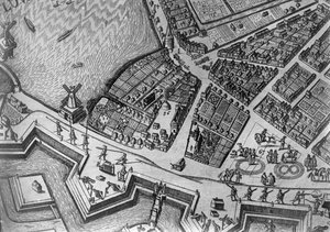 Kaart van Hamburg met zijn eerste Operahuis, 1690