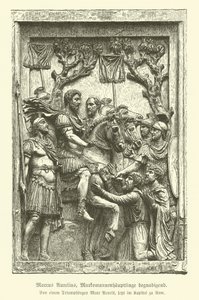 Marcus Aurelius vergeeft Marcomannische stamhoofden (gravure) door German School