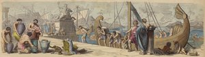 Maritieme handel in het oude Griekenland (gekleurde gravure) door German School