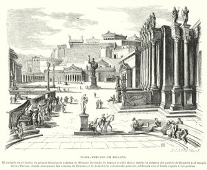 Marktplaats van Sparta, Oud-Griekenland (litho) door German School