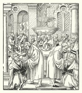 Maarten Luther en Jan Hus dienen de Heilige Communie toe aan de Saksische koninklijke familie door German School
