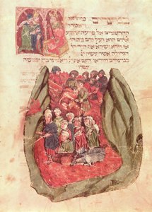 Mozes leidt de kinderen van Israël door de Rode Zee uit een Joods gebedenboek, Hamburg, 1427 (manuscript) door German School