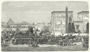 Verplaatsen van een standbeeld in het oude Egypte (gravure) door German School
