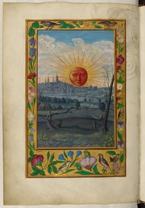 Ms Harley 3469, f.33v Zon met menselijk gezicht opkomend, het Vijfde Verhandeling, uit 