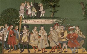 Muzikanten uit Augsburg, Duitsland, spelen voor dansers van de Geschlechtertanz, 1520 door German School
