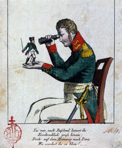 Napoleon I: de Russische campagne Thuis, in Rusland, werd je verschrikkelijk groot, maar op je terugweg naar Parijs, werd je klein! (trouwens, het rijmt!!!) Kus. Duitse karikatuur van de 19e eeuw