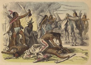 Inheemse Amerikaanse dapperen nemen de scalpen van hun vijanden (gekleurde gravure) door German School