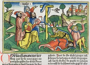 Numeri 21:4-9 Giftige slangen bijten opstandige Israëlieten, uit de Neurenbergse Bijbel (Biblia Sacra Germanaica) door German School