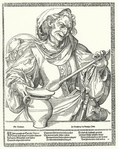 Oude vrouw met een kruik en lepel (gravure) door German School