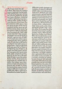 Openingspagina van het boek Genesis uit de Gutenberg Bijbel, gedrukt door Johannes Gutenberg (c.1400-68) en Peter Schoeffer (1425-1502) in Mainz, 1454-56 door German School