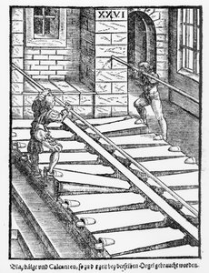 Orgelbalgen en blazers in de kathedraal van Halberstadt, uit Praetorious Syntagma Musicum, gepubliceerd in 1619