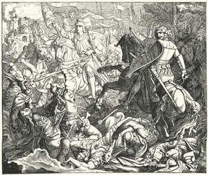 Otto I van Duitsland verslaat de Magyaren in de Slag bij Lechfeld, 955 door German School