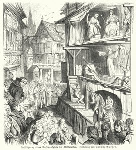 Opvoering van een Passiespel in de Middeleeuwen (gravure) door German School