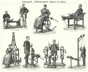 Fysiotherapie: mechanotherapie-apparaat uitgevonden door de Zweedse arts en orthopeed Gustav Zander door German School