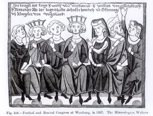Poëtisch en Muzikaal Congres, Wartburg, 1207, illustratie uit Wetenschap en Literatuur in de Middeleeuwen en de Renaissance, geschreven en gegraveerd door Paul Lacroix, 1878