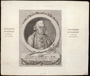 Portret van Carl Philipp Emanuel Bach (1714-88) gegraveerd door C. D. Krohn, 1788