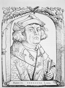Portret van Johannes van Indagine, naar Hans Baldung Grien, uit Chiromantia door Ioannes ab Indagine, Straatsburg 1531, geïllustreerd in Geschiedenis van de Magie, gepubliceerd eind 19e eeuw door German School