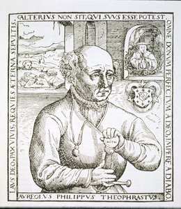 Portret van Theothrastus Paracelsus (1493-1541), kopie van een illustratie uit zijn boek Astronomica et Astrologica Pouscula, Keulen 1567, gebruikt in Geschiedenis van de Magie, gepubliceerd eind 19e eeuw door German School