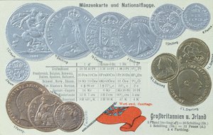 Ansichtkaart met Britse valuta en de equivalenten in andere Europese munteenheden, c.1905 door German School