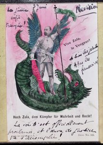 Ansichtkaart met afbeelding van Noble Zola, Strijder voor Waarheid en Rechtvaardigheid met annotaties