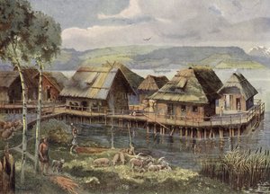 Prehistorisch Europees dorp aan een meer (kleurenlitho) door German School