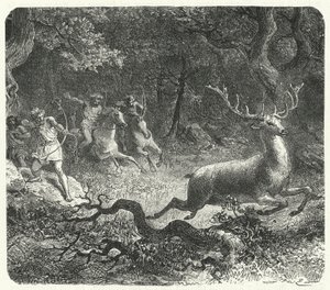 Prehistorische mensen die paarden gebruiken om te jagen (gravure)