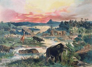 Prehistorie - Tertiair - reconstructie van de natuurlijke omgeving in Europa en enkele dieren uit deze periode, 1886