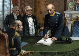 Voorlopig vredesverdrag van 26 februari 1871 ondertekend in Versailles, einde van de Frans-Pruisische oorlog tussen het hoofd van de uitvoerende macht van de Republiek, de heer Adolphe Thiers, en de minister van Buitenlandse Zaken, de heer Jules Favre, ver