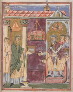 Priester die een boek aanbiedt [aan St. Augustinus?] door German School