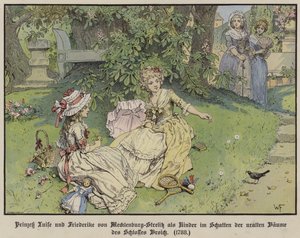 Prinsessen Louise en Frederike van Mecklenburg-Strelitz in de schaduw onder de bomen van Kasteel Broich als kinderen