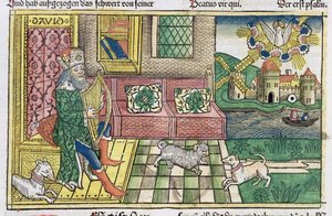 Psalmen: frontispice waarop koning David de lier bespeelt, uit de Neurenbergse Bijbel (Biblia Sacra Germanaica) door German School