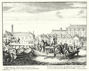 Koningin Maria, gemalin van Koning Jacobus II, vlucht Engeland met de Prins van Wales en haar hele hof, december 1688 door German School