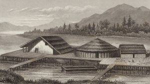 Reconstructie van een oud meer dorp. Illustratie voor Bilder-Atlas door German School