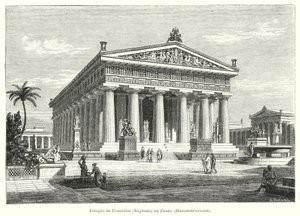 Reconstructie van de oude Griekse tempel van Poseidon, Paestum, Italië door German School
