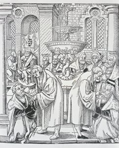 Hervormers Maarten Luther en Jan Hus dienen de communie toe door German School