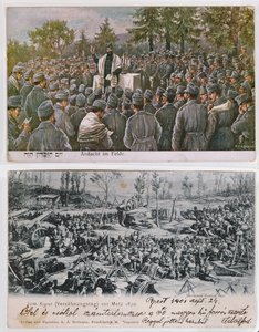 Religieuze diensten op het slagveld, bovenste afbeelding toont Duitse Joodse soldaten in gebed tijdens de Eerste Wereldoorlog, daaronder een Yom Kipoer dienst in Metz tijdens de Frans-Pruisische oorlog van 1870 (kleur)